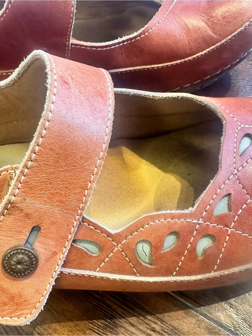 Leather Mary Jane Flats in Coral-Tan with Strap
